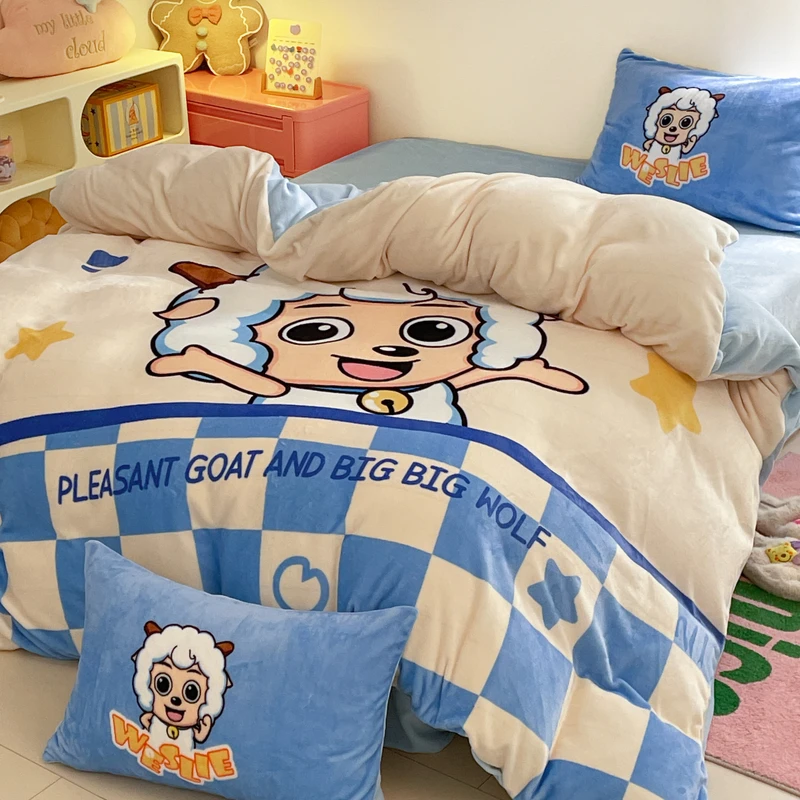 牛奶绒套件加绒加厚亲肤保暖家用宿舍用床单被套冬天被罩卡通套件