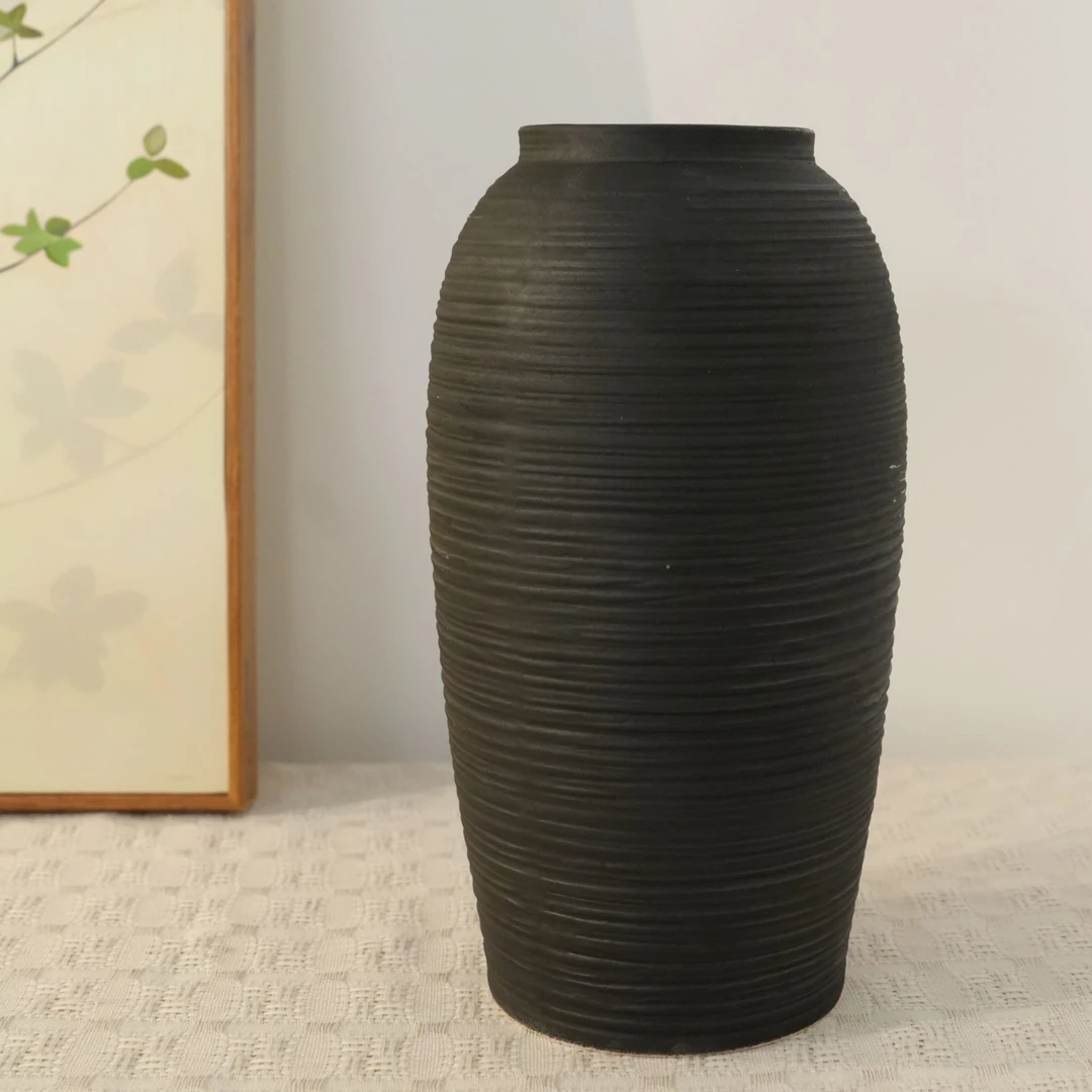 黑色陶瓷花瓶 可装水 仿真花花瓶 石榴瓶 柿子花瓶