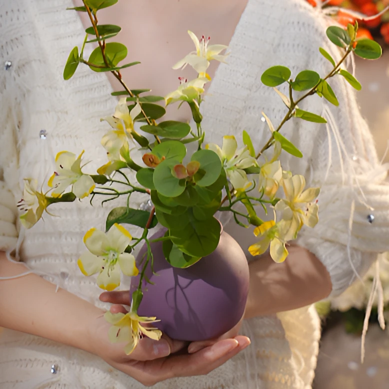 牵牛花浅黄色 带叶子 仿真花 茶几款 假花 餐桌款