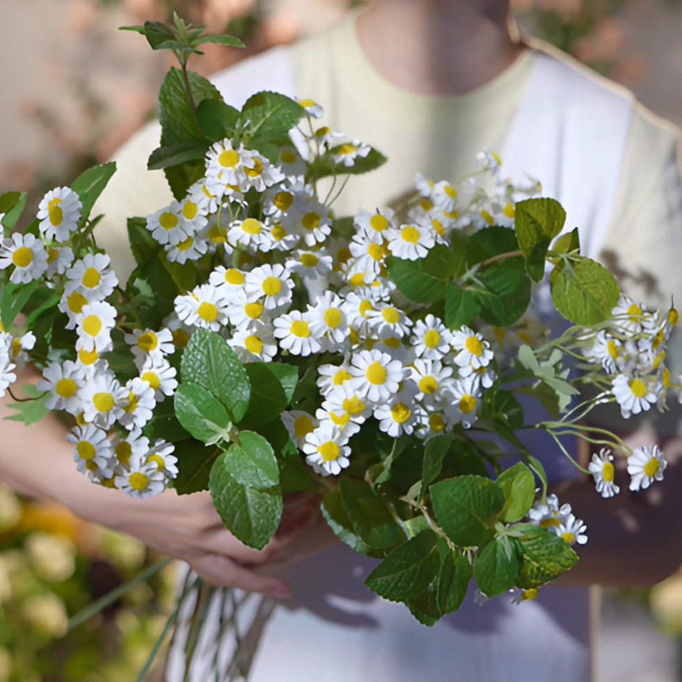 （小田园）雏菊薄荷叶 仿真花 绢布材质高端仿真花花束 小清新