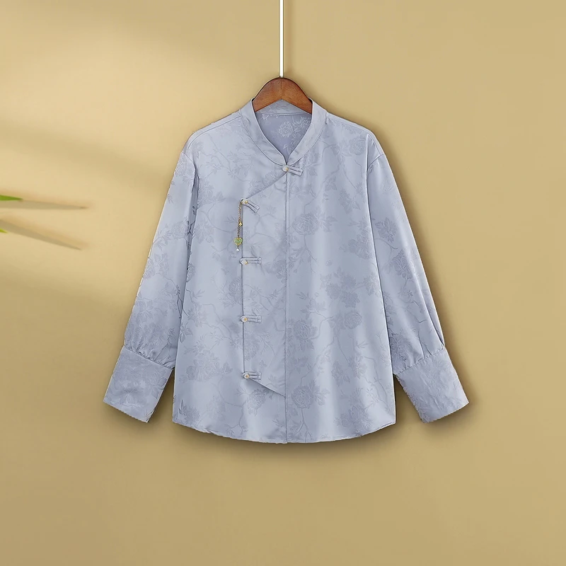 【薇兰】2024新款秋季国风衬衣女装新中式立领提花气质打底长袖衬衫