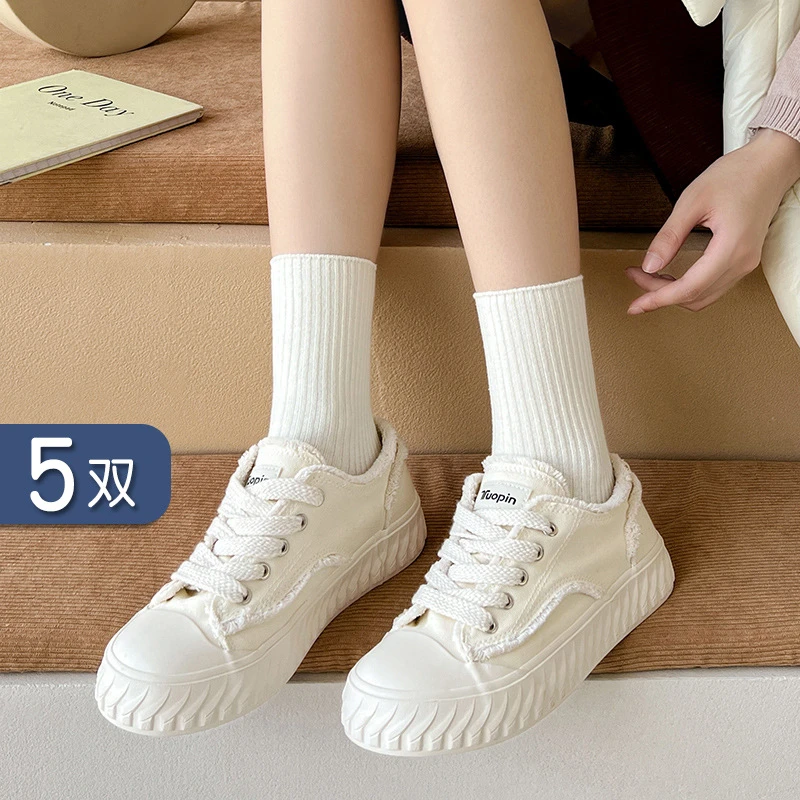 5双-秋冬季袜子女中筒ins潮韩版纯色堆堆袜白色日系春秋薄款长袜