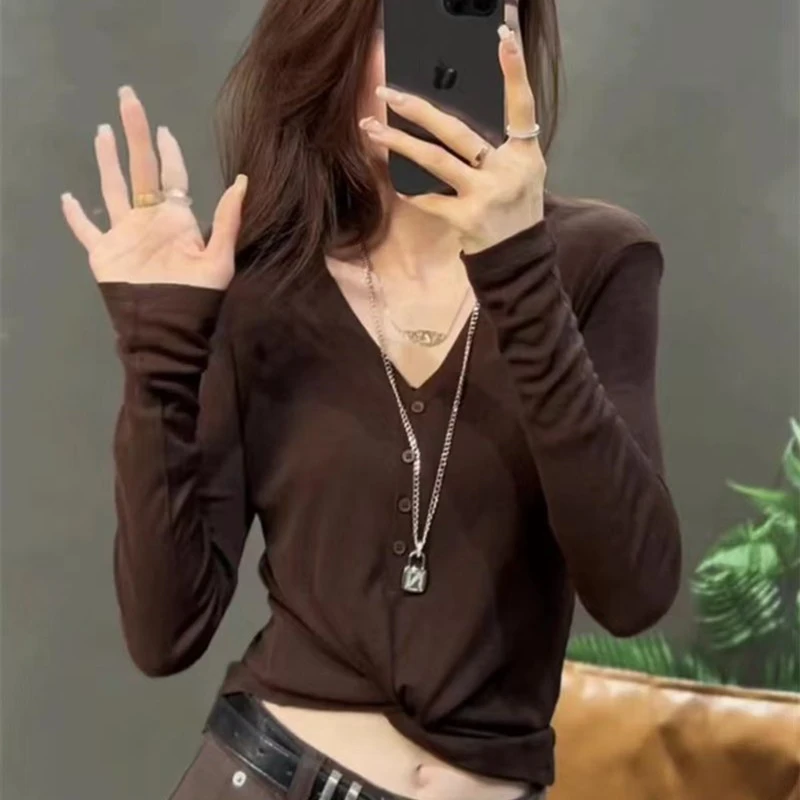 纯欲纯色半排扣V领微透长袖T恤女2023秋季新款正肩显瘦设计感上衣