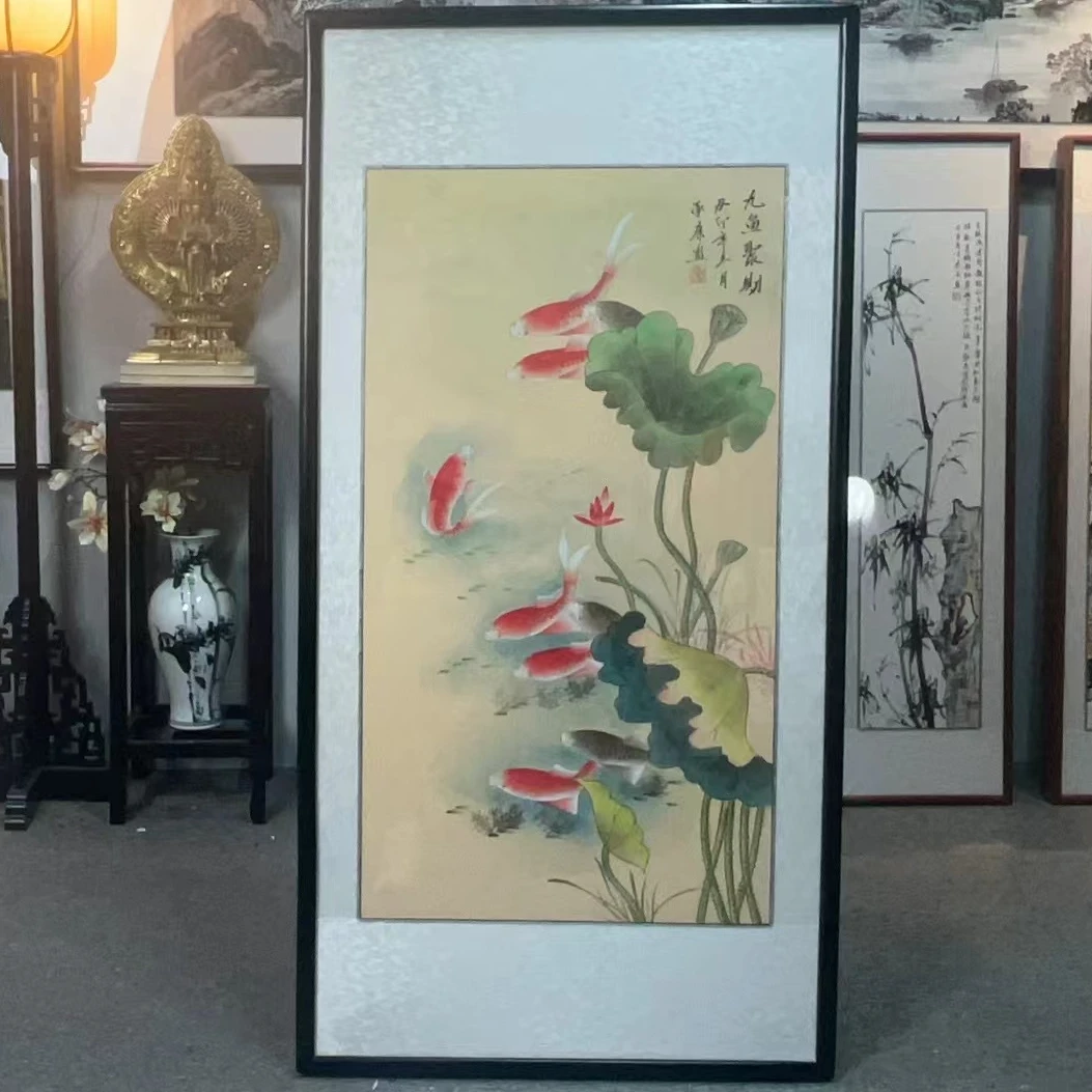 纯手绘-九鱼聚财168*86（玄关）新中式国画挂画