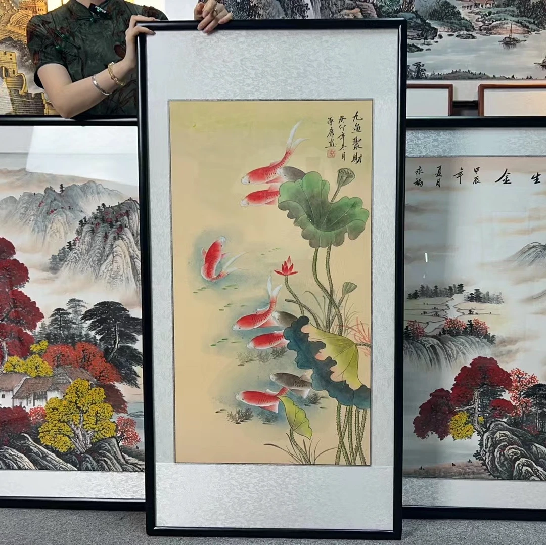 纯手绘-九鱼聚财130*62（玄关）新中式国画挂画