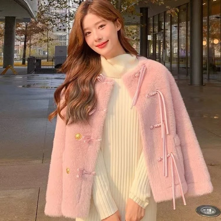 2023冬季新款小香风仿水貂毛绒外套女短款韩版显瘦加厚棉衣袄棉服