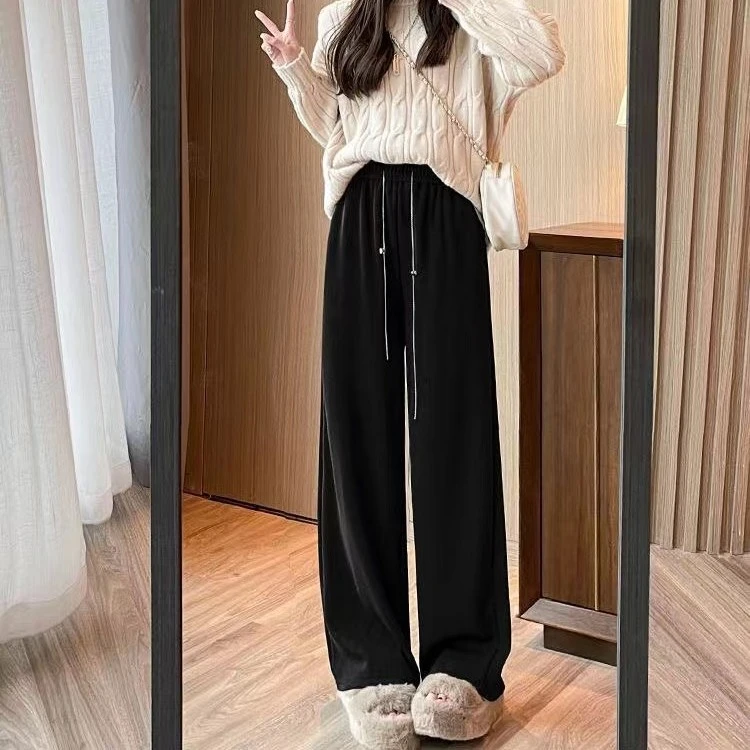 链条抽绳高级坑条纹针织阔腿裤女秋气质宽松垂感拖地直筒休闲裤子
