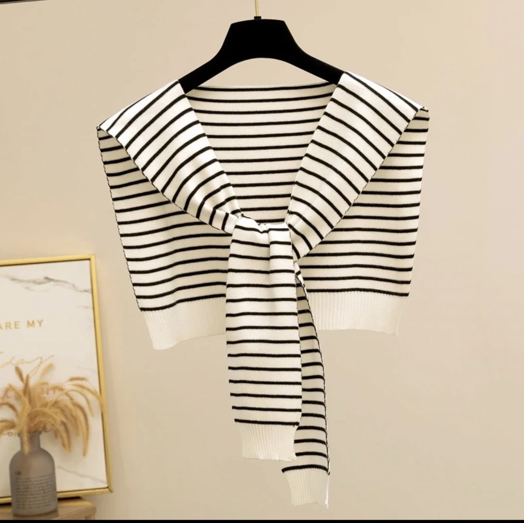 条纹针织外搭小披肩女春秋季两用毛线洋气韩版薄款冬季纯色假领子