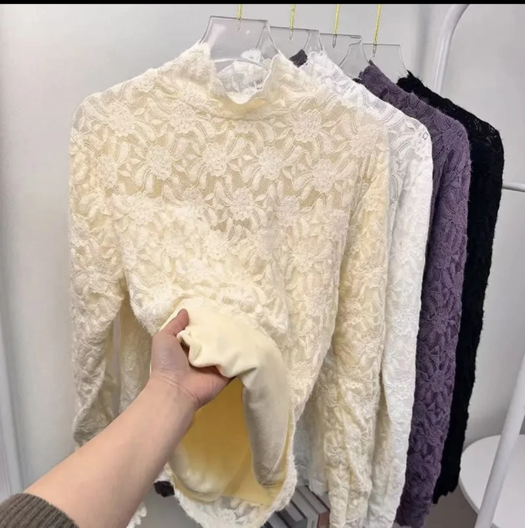 2024新款秋冬加绒蕾丝打底衫女内搭修身磨毛显瘦洋气磨毛百搭上衣