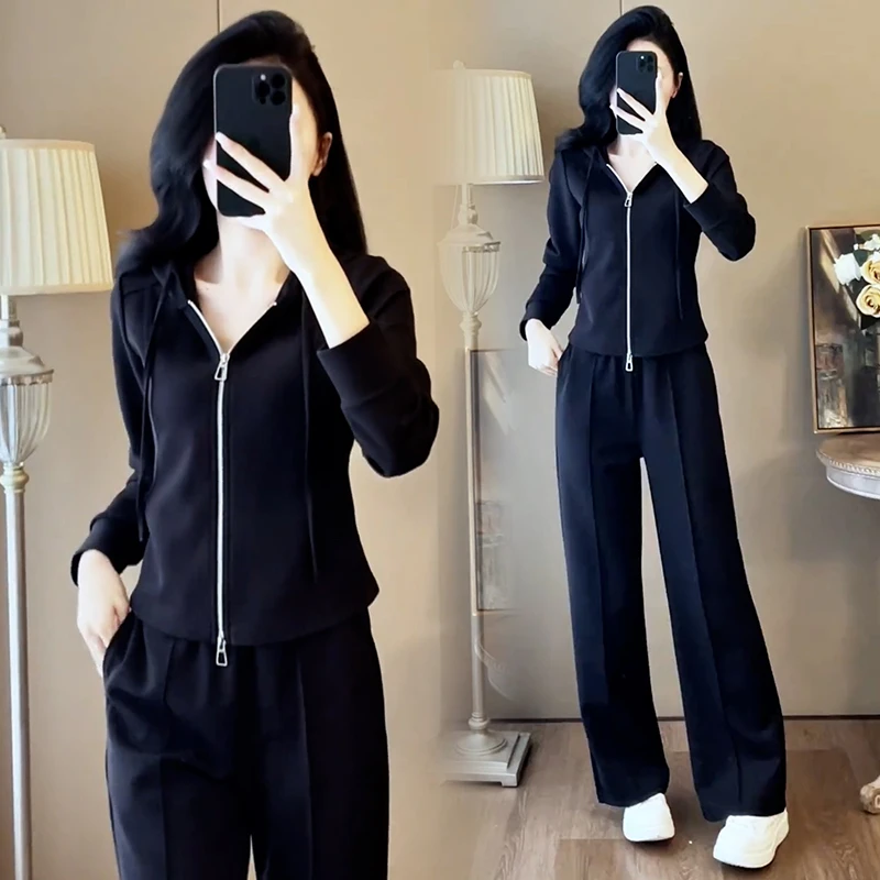 高含棉时尚气质拉链卫衣套装女2025年春秋季新款休闲阔腿裤两件套