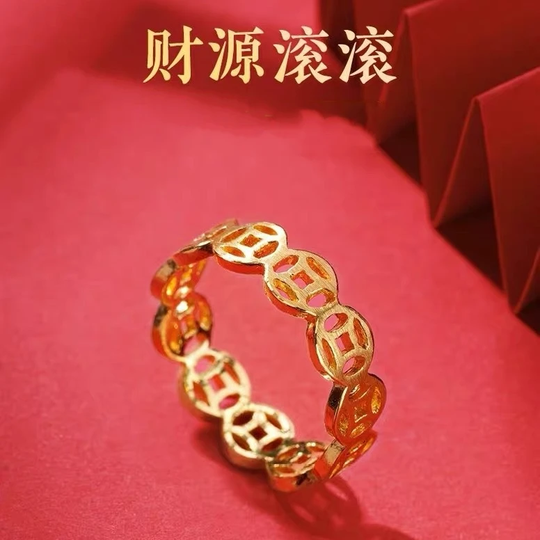 钛钢戒指 铜钱招财戒指女小众设计钛钢不易掉色指环个性百搭新款