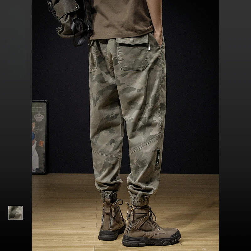 秋季美式复古迷彩工装裤男士束脚大码潮牌宽松秋冬款防风休闲裤子