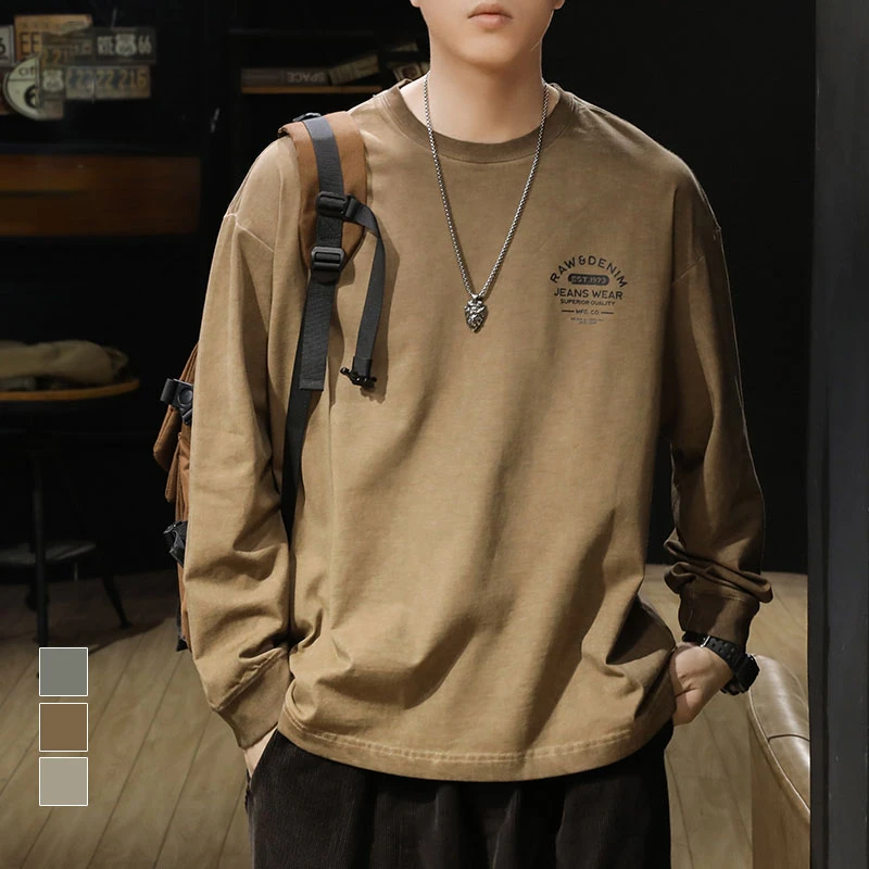美式重磅复古水洗纯棉长袖t恤男宽松大码春秋潮牌体恤圆领打底衫