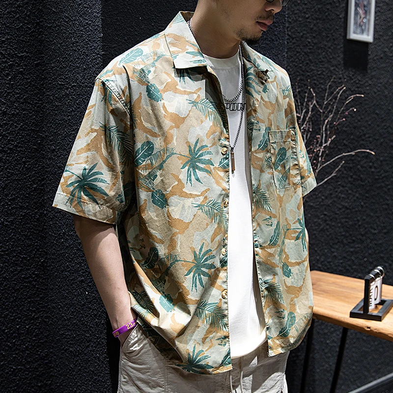 美式复古经典古巴领花衬衫男短袖夏季冰丝夏威夷巴洛克宽松衬衣潮