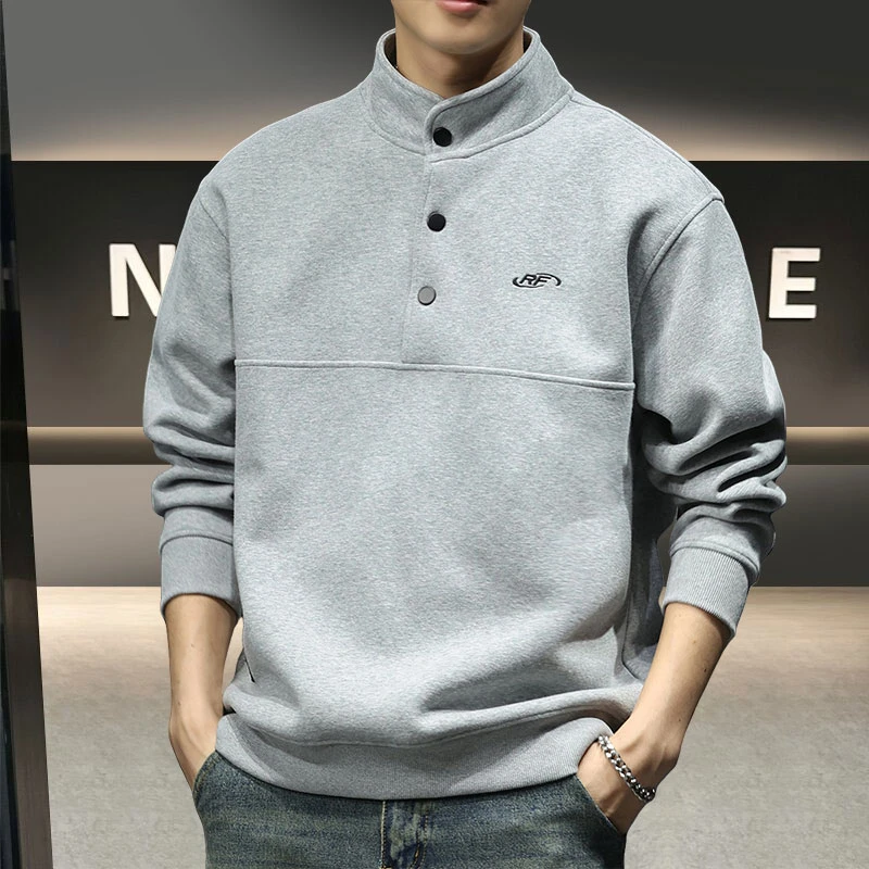 重磅纽扣立领卫衣男士秋冬新款美式休闲潮牌宽松套头运动外套百搭