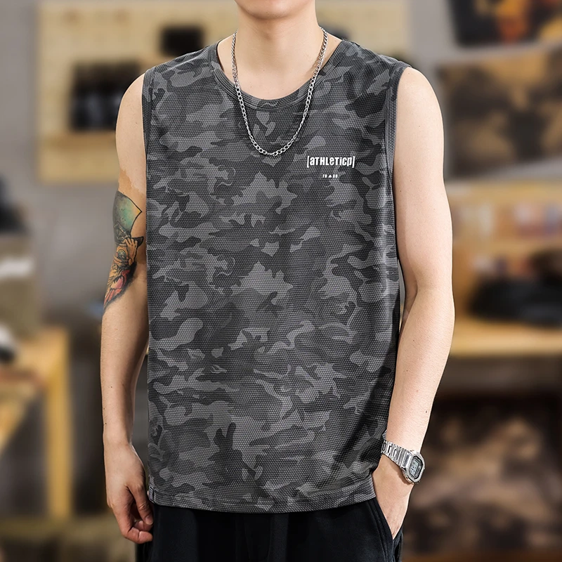 户外迷彩背心男士无袖外穿上衣坎肩运动速干夏季薄款宽松冰丝t恤