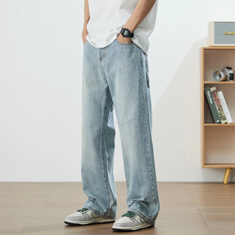 春季新款浅色牛仔裤男美式阔腿休闲高街裤子潮牌垂坠感直筒裤宽松