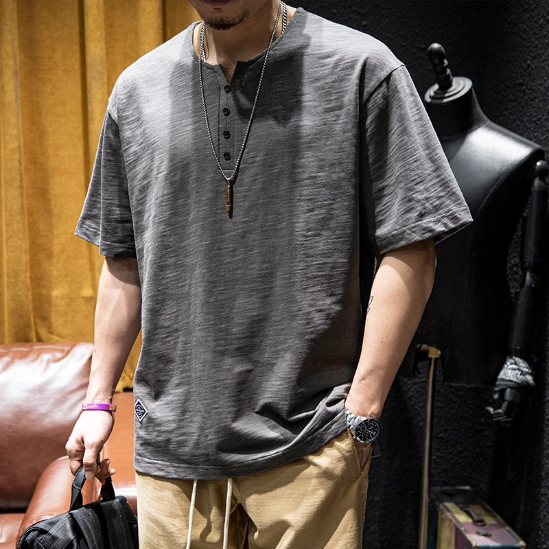 日系复古竹节棉短袖t恤男夏季宽松亨利领大码半袖男生百搭体恤