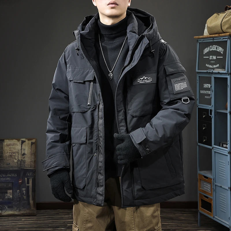 中长款羽绒服男士白鸭绒工装派克服冬季加厚防寒连帽户外冲锋外套