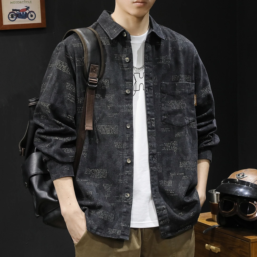 美式复古长袖衬衫男帅气潮牌宽松大码衬衣潮流印花春秋季休闲外套