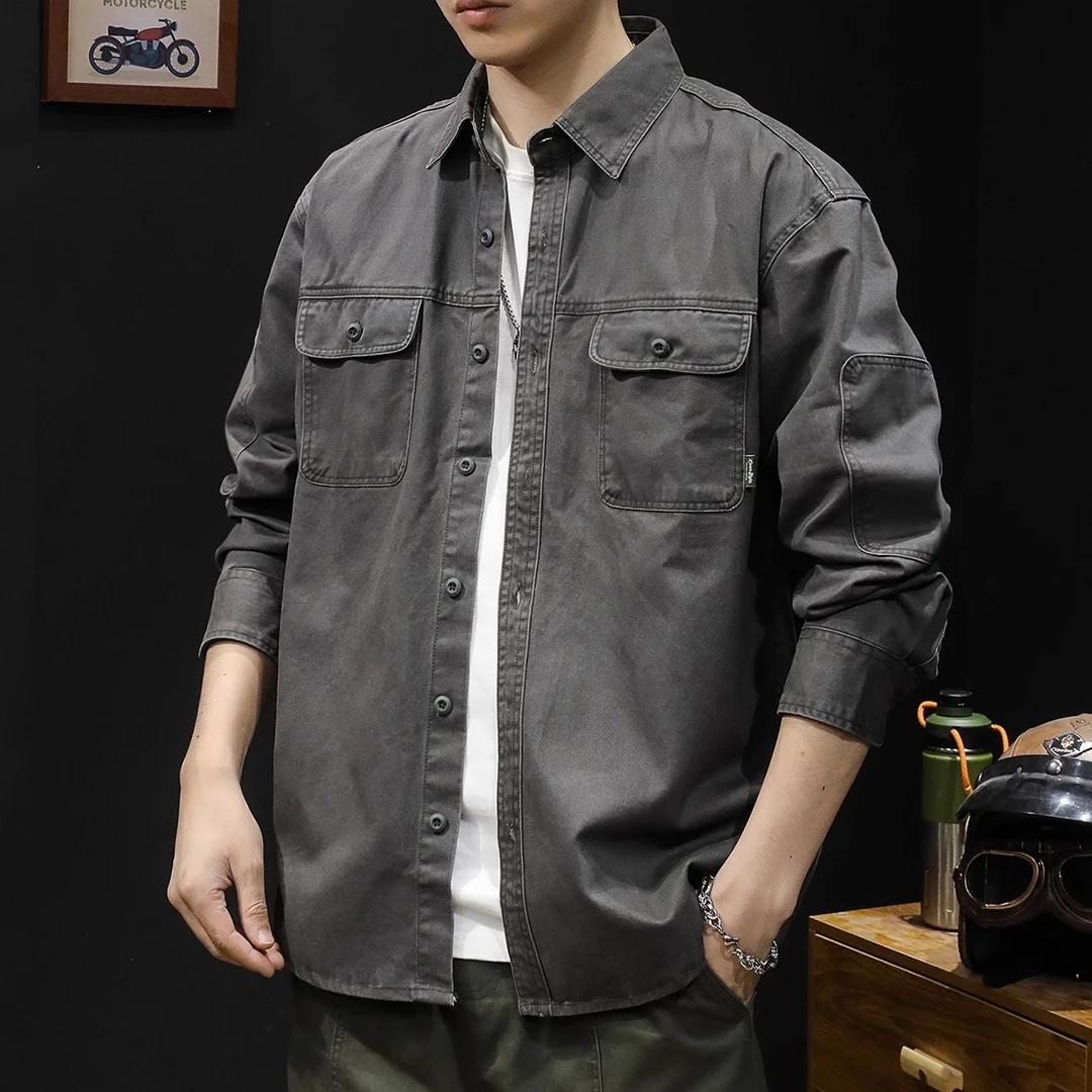 男士复古工装长袖衬衫日系潮牌夹克春季宽松衬衣猎装痞帅牛仔外套