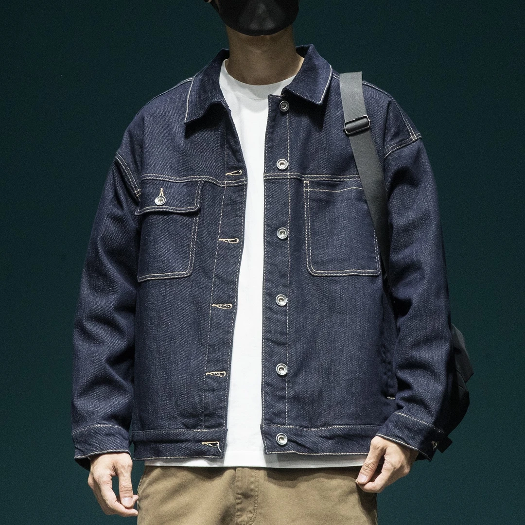 高品质原色牛仔外套男秋冬加绒宽松大码翻领工装夹克时尚潮流上衣