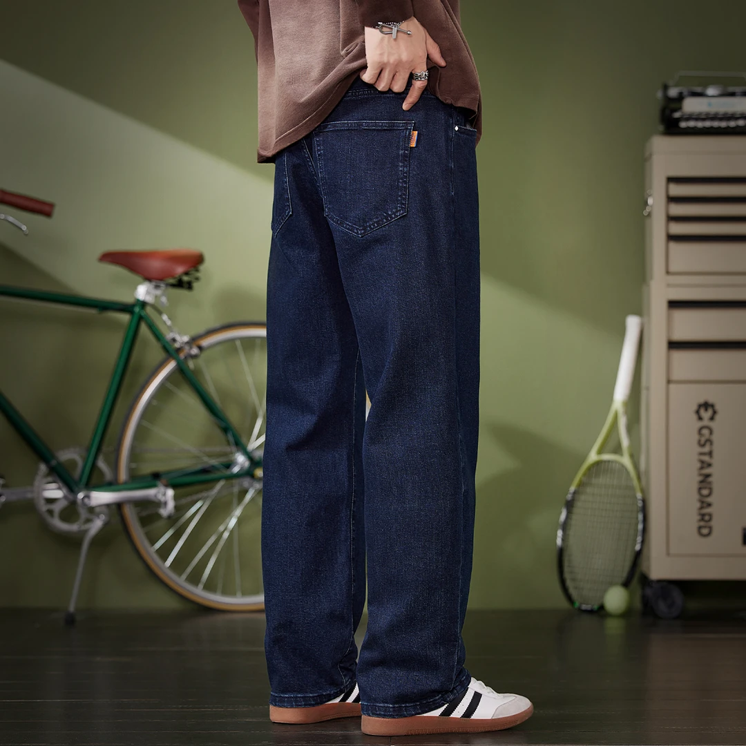 原色宽松直筒阔腿牛仔裤男秋冬新款美式街头复古弹力日常休闲长裤