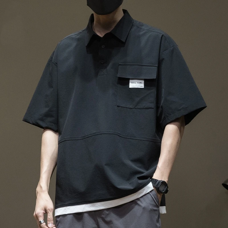 美式假两件冰丝Polo衫男款短袖大码速干衬衣潮流日系免烫工装衬衫