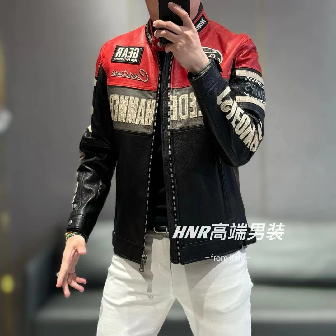 山羊皮机车风字母印花新款高端男士时尚气质皮衣外套2391