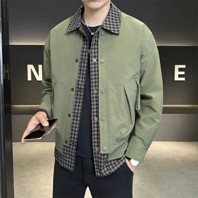 秋季新款休闲男外套时尚翻领假两件工装夹克潮流百搭气质上衣