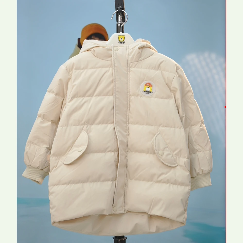 卜吉熊女童男童连帽冬季羽绒服背包时尚休闲中长款羽绒外套儿童