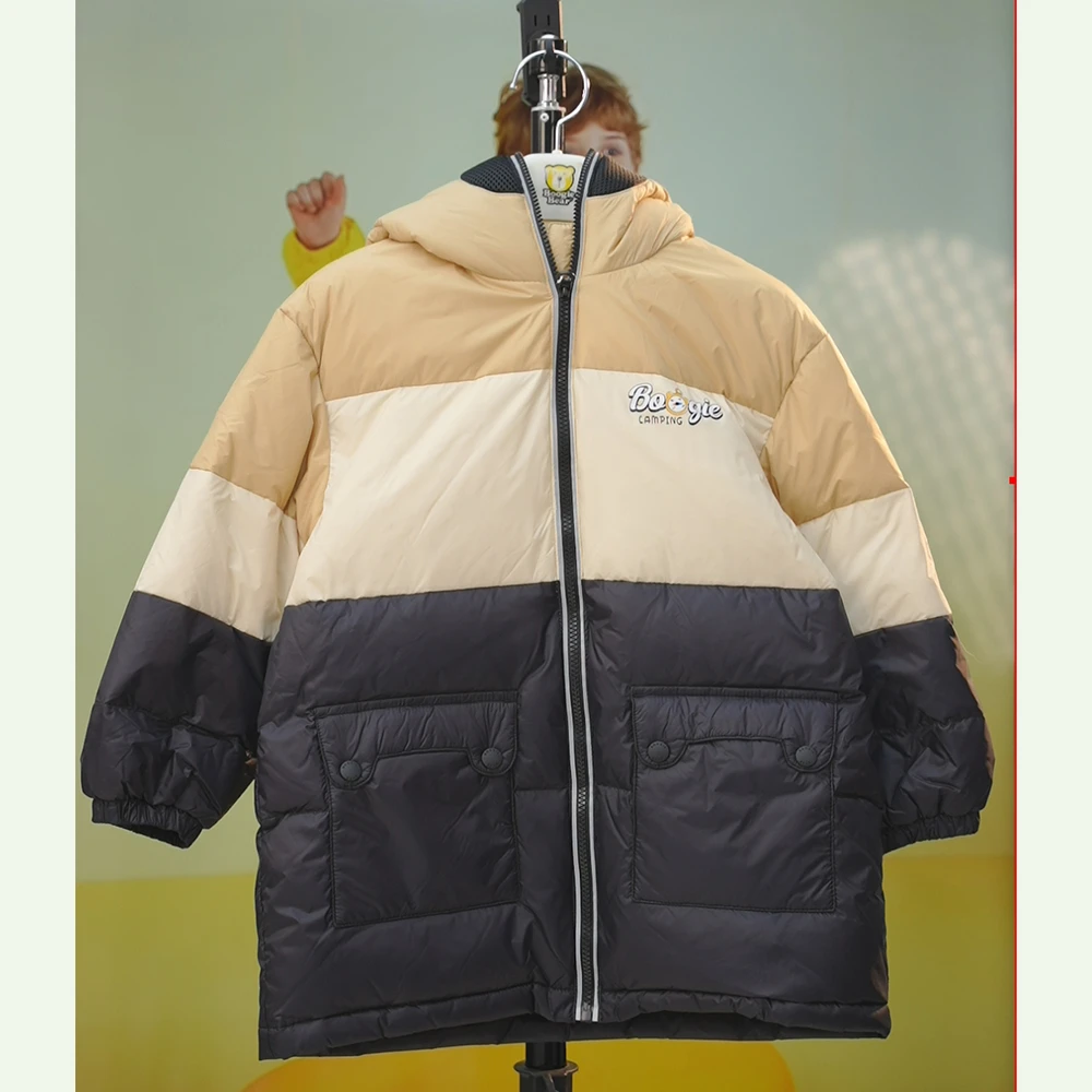 卜吉熊男童女童拼色连帽冬季羽绒服保暖秋冬外套