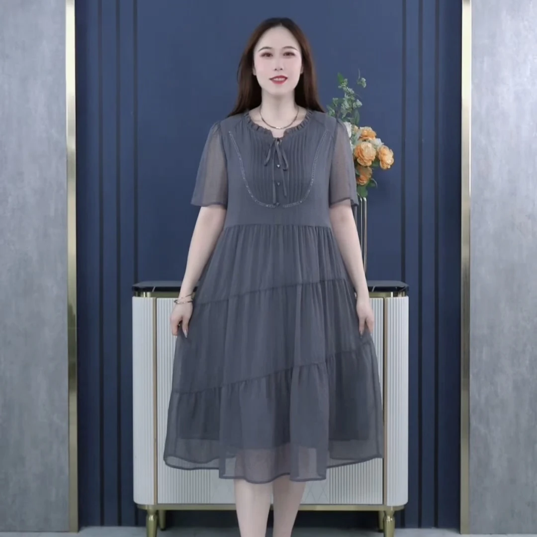 依薇欧大码女装宽松连衣裙木耳边圆领系带拼接气质显瘦裙子240691