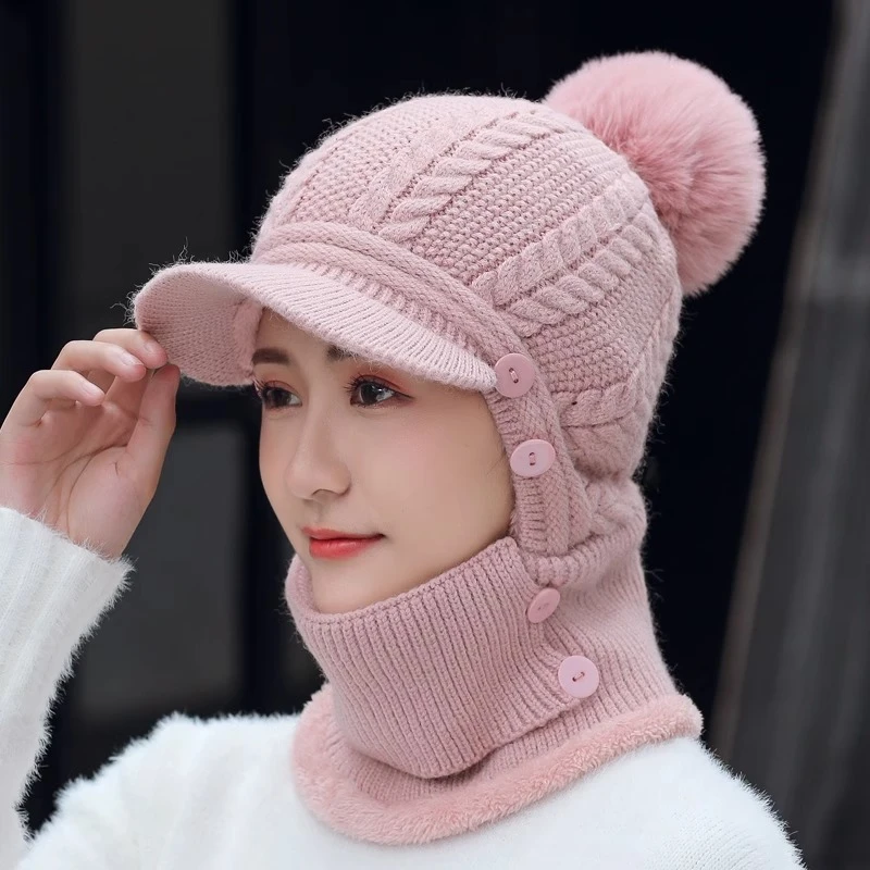 毛线帽子女秋冬天加绒针织帽防风护耳遮脸帽加厚保暖骑车帽口罩帽