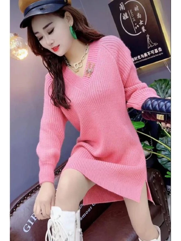 欧货V领重工亮丝针织毛衣裙女2024年春季新款百搭洋气中长裙显瘦