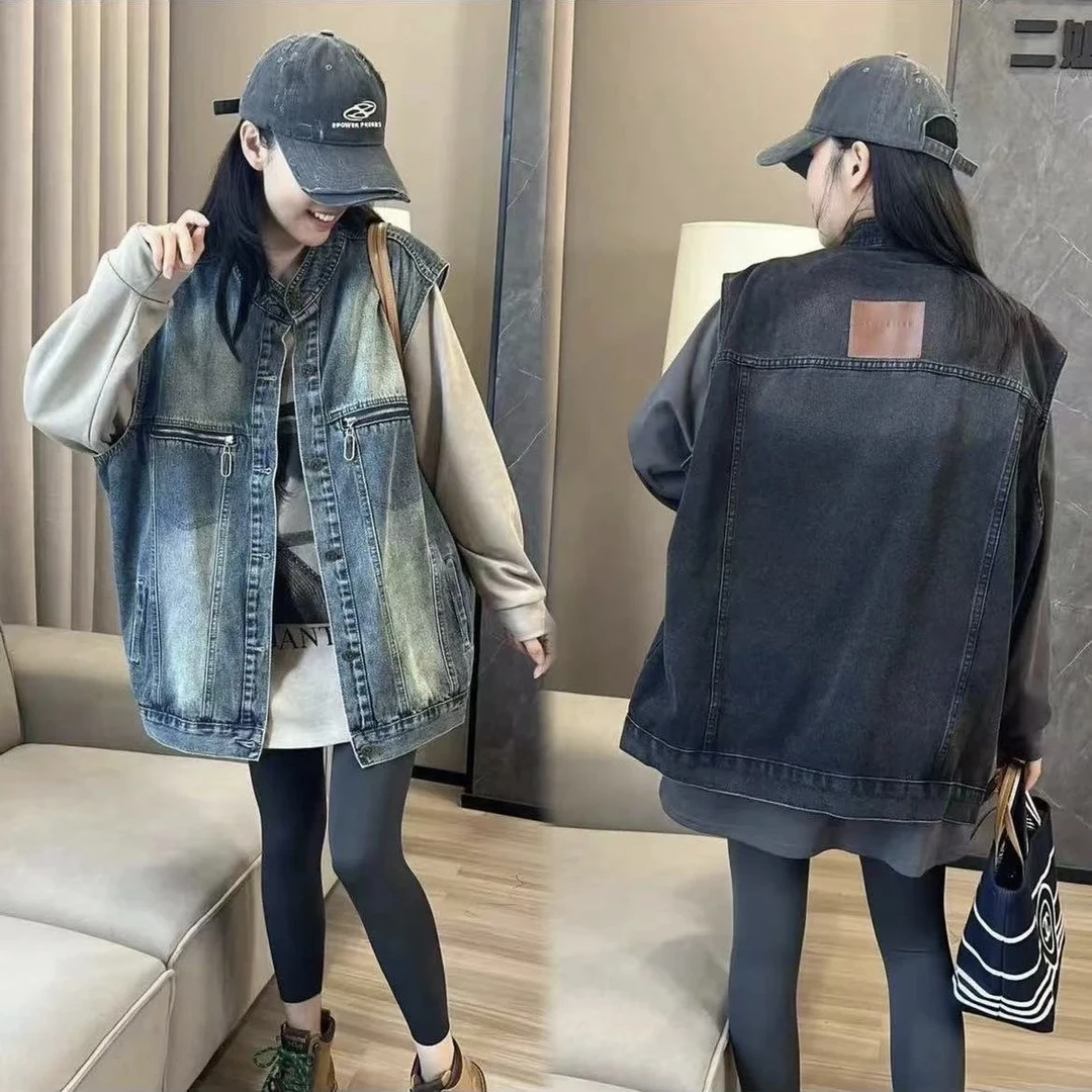 多金家早秋宽松复古牛仔外套时尚百搭马甲拼接潮流马甲