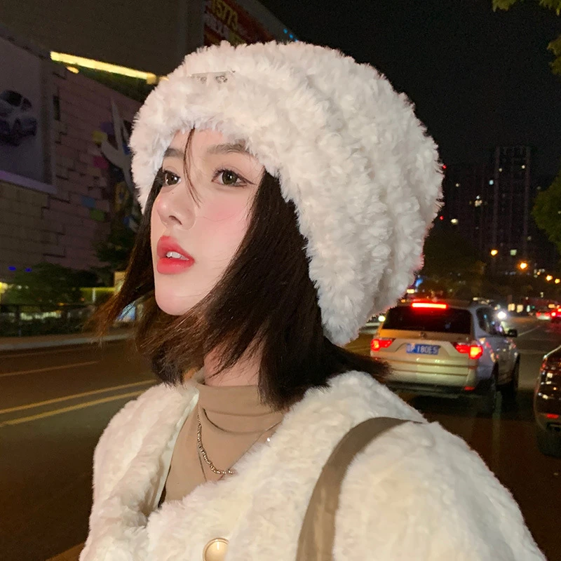 银标针织帽子女冬季纽扣防寒大脸显脸小素颜毛绒绒白色毛线帽加厚