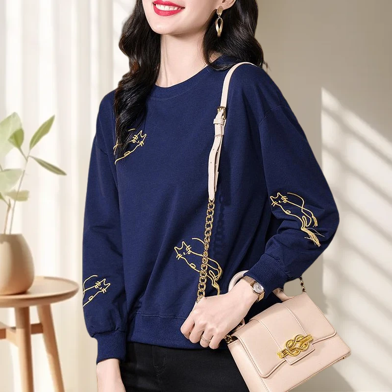 【棉】卫衣女薄款华棉韩版宽松时尚休闲流苏猫咪刺绣2025秋冬上衣