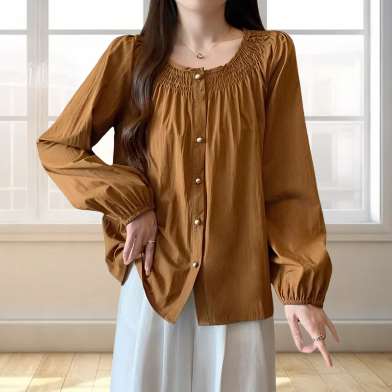 法式复古纯色衬衫褶皱圆领长袖T恤女2024秋季新款宽松百搭显瘦