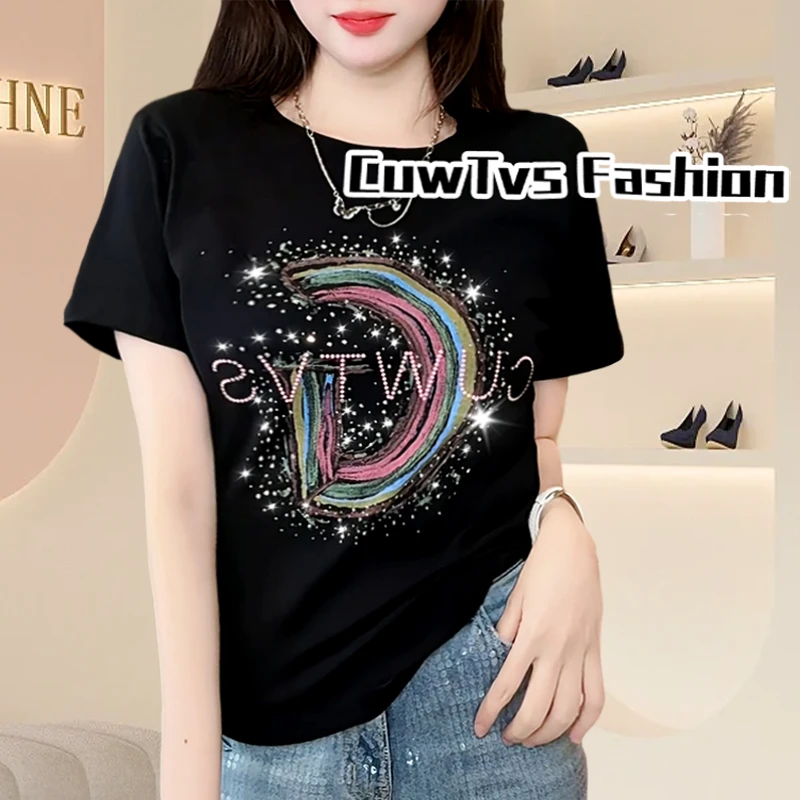 时尚夏季女装彩虹烫钻印花短袖T恤女ins风设计感上衣体恤2025新款