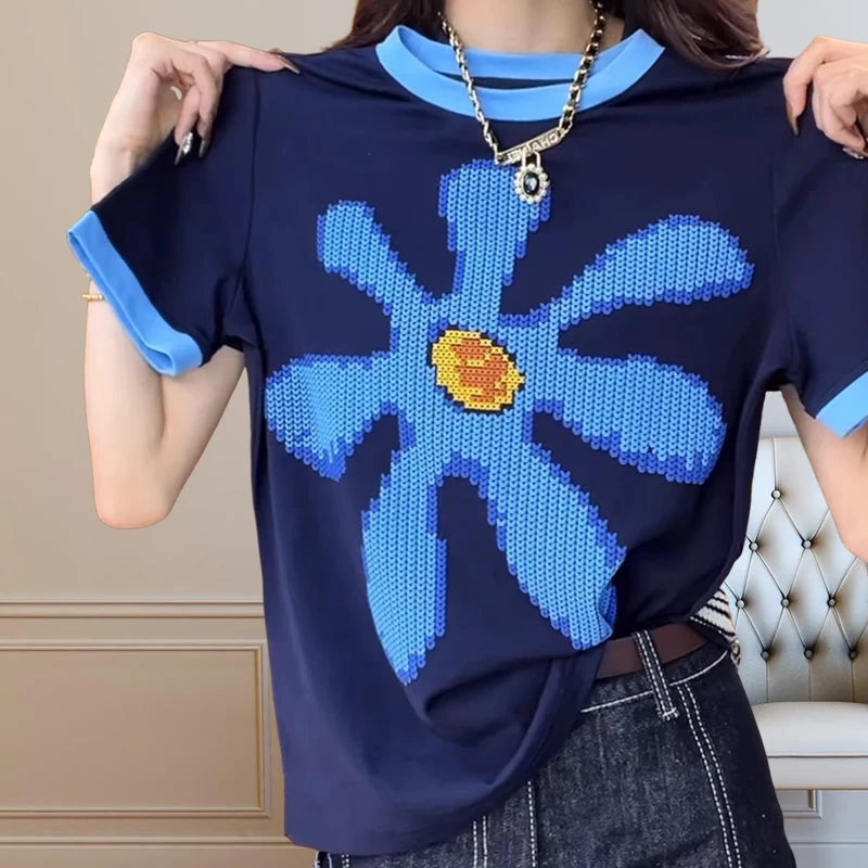 潮牌纯棉百搭显瘦发泡花朵印花休闲短袖T恤女宽松上衣2024夏新款