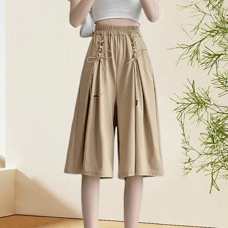 时尚高腰显瘦七分裤抽绳绑带薄款短裤设计感休闲裤裙2025夏季新款