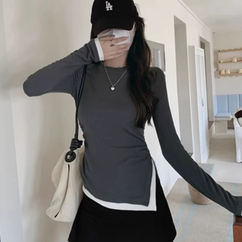 不规则开叉时尚假两件上衣2024秋冬打底衫女设计感纯色百搭长袖
