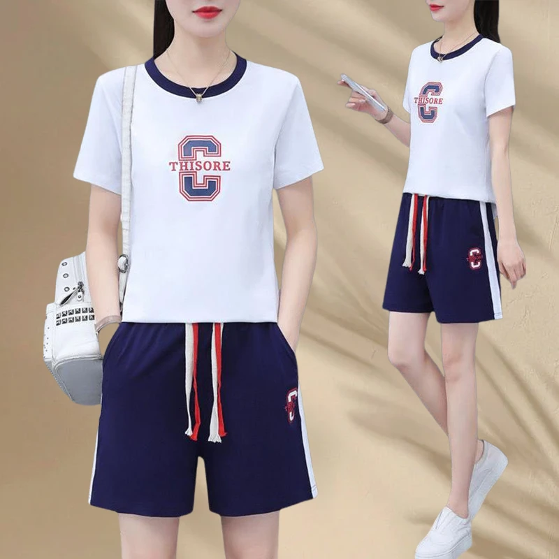 潮流纯棉休闲运动套装女短袖T恤短裤两件套2025夏季新款时尚减龄