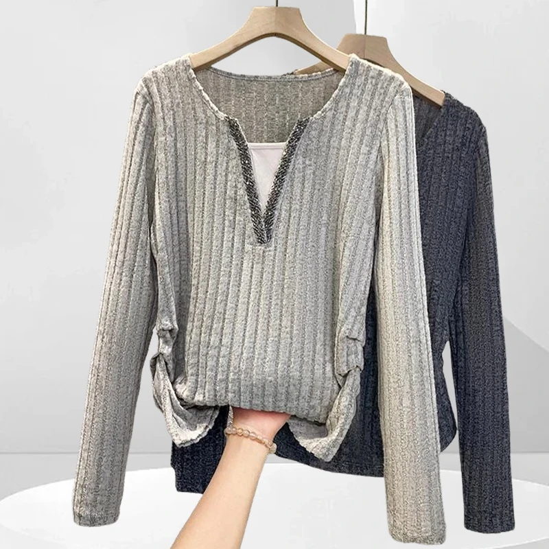 2025春季新款修身正肩拼接V领假两件打底衫女螺纹设计感长袖上衣