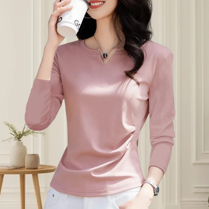 德绒捏褶收腰气质V领打底衫女纯色长袖上衣百搭内搭休闲2024秋季