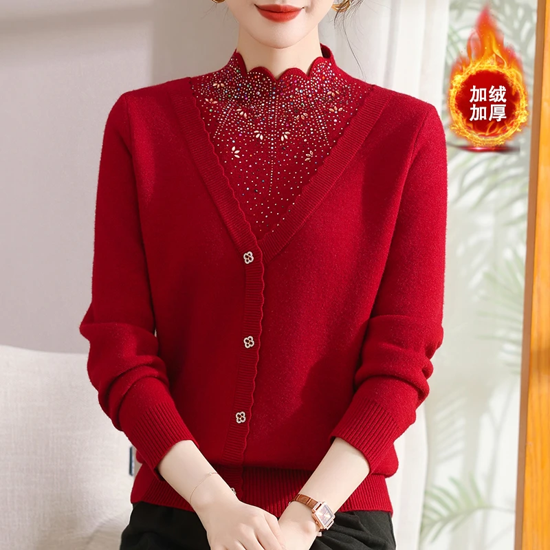 妈妈秋冬季一体绒毛衣洋气新款保暖针织衫中老年女加绒加厚打底衫