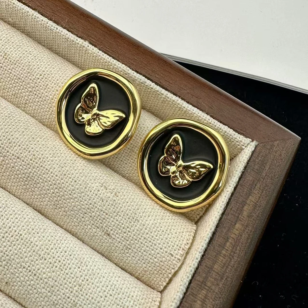 铜合金耳饰 不规则圆形蝴蝶 时尚 优雅 中古 设计感 608