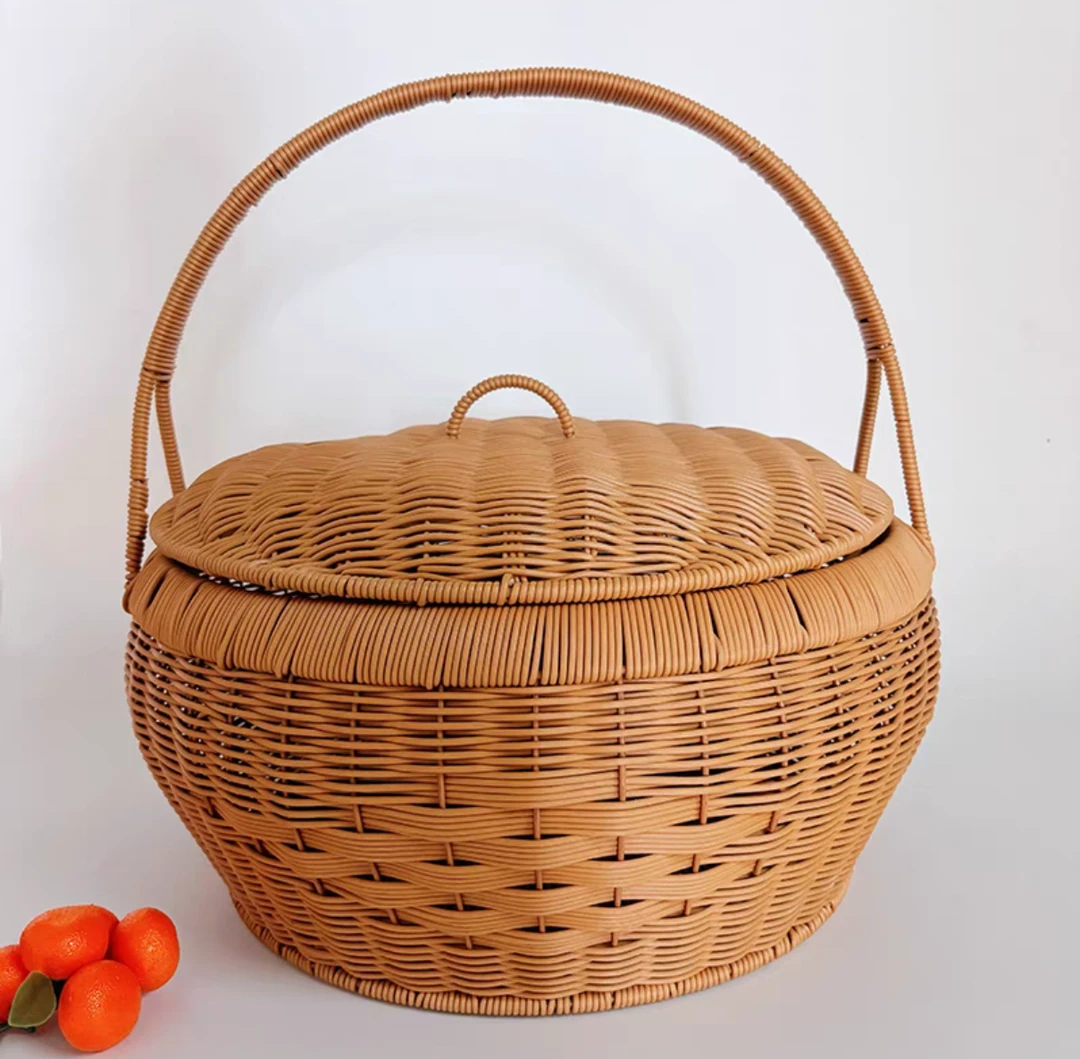 圆形复古带盖手提篮家用露营水果拜拜采摘菜篮子纯手工编织藤编