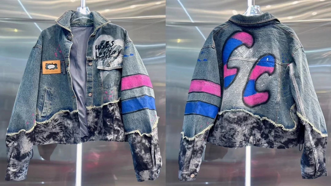 欧货秋季新款潮酷短款拼接手绘后背大c字母百搭牛仔外套女春秋
